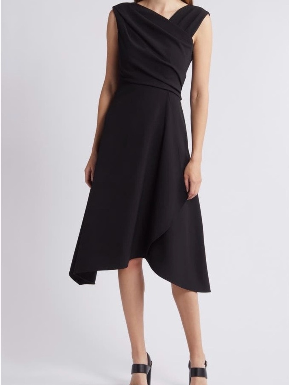 Vince Camuto Black Sleeveless Draped Crossover Midi Dress